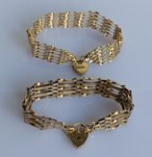 Two yellow gold gate-link bracelets with heart clasps, 14, 16 cm, hallmarked 9ct, 19.3g