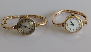 Two early 20th century ladies gold-cased manual wristwatches with Arabic numerals