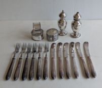 Three silver napkin rings, two initialled; a pair of condiments, mixed dates/makers, 179g