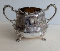 A Victorian silver two-handled sugar basin with applied carved rim, etched seaweed decoration