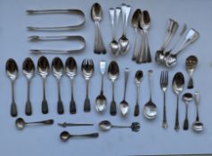 A selection of silver cutlery to include a fiddle pattern George III sugar tongs by William Sumner I