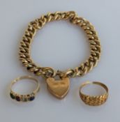 A 9ct yellow gold curb-link bracelet with heart clasp, 17 cm; a gem-set yellow gold ring, unmarked