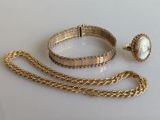 An Italian tri-gold bracelet, 18cm; a yellow gold rope-twist neck chain with lobster clasp, 58 cm