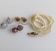Three pairs of gem-set earring, 7.4g and a pearl necklace with graduated beads, largest 5mm