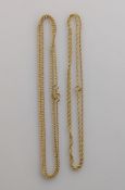 Two yellow gold neck chains, one rope-twist, the other flat curb-link, 58, 60 cm, both hallmarked