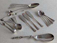 Four Georgian silver bright-cut coffee spoons, marks rubbed; two George IV silver dessert spoons
