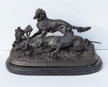 After Pierre Jules Mene (1810-1879), a brown patinated bronze figure of two hunting dogs and a pheas