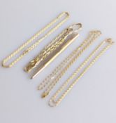 Four yellow gold fancy-link neck chains, 46-58 cm, all hallmarked 9ct, 26g and a gold-cased Baker's 