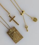 Three yellow gold pendant chains: one a gem-set December calendar, an etched crucifix