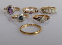 A 22ct yellow gold wedding band, 2.5g; two Art Deco gem-set rings on 18ct gold, 5.9g and three gem-s