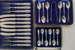 A cased set of silver coffee spoons with tongs, another cased set of six spoons, 152g