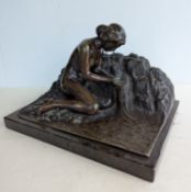 J. Rieder, bronze figure of a kneeling woman by a stream on a marble base, signed, 25 cm W