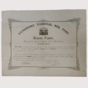 Peru 1872 Document Signed by President Manuel Pardo