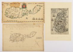 drei Karten Malta, zwei Zeichnungen und ein Kupferstich