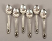 Satz von sechs Moccalöffel, 925/ooo, Acorn, Johann Rhode, Georg Jensen, nach 1945
