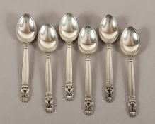Satz von sechs Moccalöffel, 925/ooo, Acorn, Johann Rhode, Georg Jensen, nach 1945