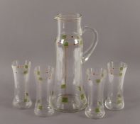Jugendstilkaraffe mit vier Gläsern, Glas, deutsch, um 1900