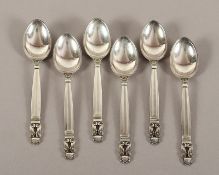 Satz von sechs Moccalöffel, 925/ooo, Acorn, Johann Rhode, Georg Jensen, nach 1945