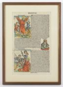 Blatt aus der Schedelschen Weltchronik, Holzschnitte, koloriert, R.