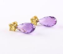 Paar Amethystohrstecker, 750/ooo Gelbgold, Citrin, Pampel