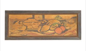Vintage Still Life Painting - Fruit and Basket Landscape Scene