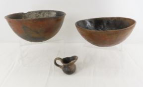 2 Central American Indian Clay Bowls & Pitcher