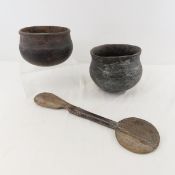 2 Nigerian Clay Nupe Cooking Bowls & African Spoon