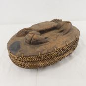 Indonesian Lombok Carved Wood & Woven Reed Basket