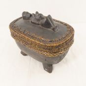 Indonesian Lombok Carved Wood & Woven Reed Basket