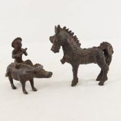 Horse & Water Buffalo Asian Bronze Animal Figures