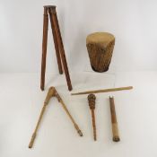 Vintage Animal Hide Drum, Wood Tripod & more