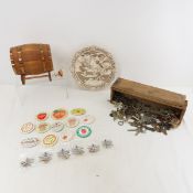 Keys, Pinback Buttons, Carved Chinese Resin Plate