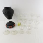 Tiffin Satin Glass Bowl, Opalescent Candle Holders