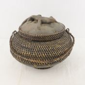 Indonesian Lombok Carved Wood & Woven Reed Basket