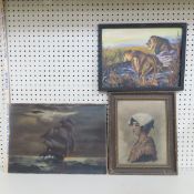 3 Antique Paintings- Ship, Lions & Woman