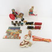 Vintage wood toys, train, paper toys and more