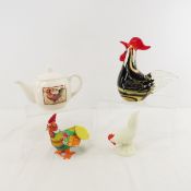 Art glass rooster, teapot, tin toy & more