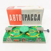 Russian Tin Litho Windup Bus Station w/Buses & Box