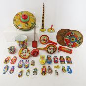 Tin noisemakers, clickers, bucket & more