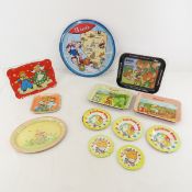 Vintage Tin Drink Trays and Child's Dishes