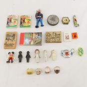 Small dolls & toys, little books, rings, watches