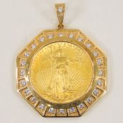 1986 1ozt American Gold Eagle in 14k gold pendant