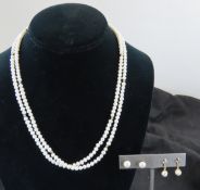 2 Pair 14kt Pearl Earrings & Double Pearl Necklace