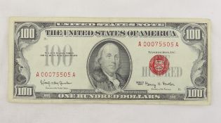 1966 $100 Red Seal Note, Low Ser# 00075505