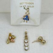 2 10Kt Gold Pendants, 14kt Pendant & Stud Earrings