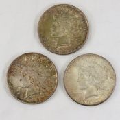 3 Peace Silver Dollars 2 1923 D, 1 1926 S