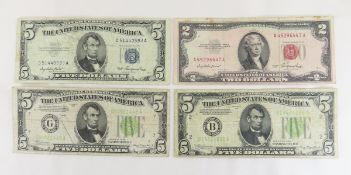 1953 $5 Silver Cert, 2 1934 $5 Fed Res Notes