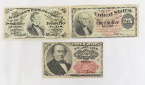 3 Different US 25 Cent Fractional Currency Notes
