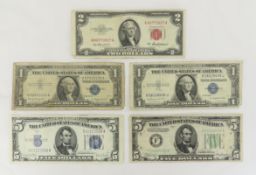 Mixed US Notes, 2 $1 & 1 $5 Silver Certs, 1953 $2