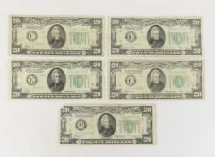 5 1934 $20 US Federal Reserve Notes